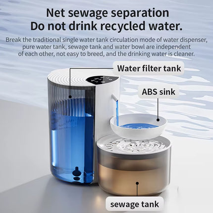 3000ML Pouring Cat Water Dispenser Smart Tilt Design Pet Water Fountain Separate Clean & Dirty Water for Cats and Small Dogs