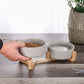 Grey Ceramic Cat Dog Bowl Dish with Wood Stand No Spill Pet Food Water Feeder Cats Small Dogs Set of 2