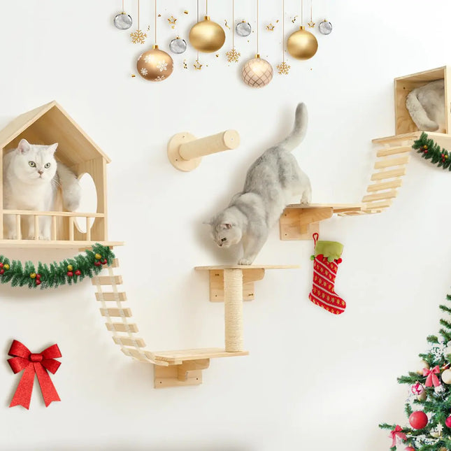 Cat Wall Shelves Wall Mounted Cat Climbing Shelves Wooden Cat Furniture with 2 Cat Condo Houses 3 Cat Perches 2 Bridge Ladders and 2 Scratching Posts