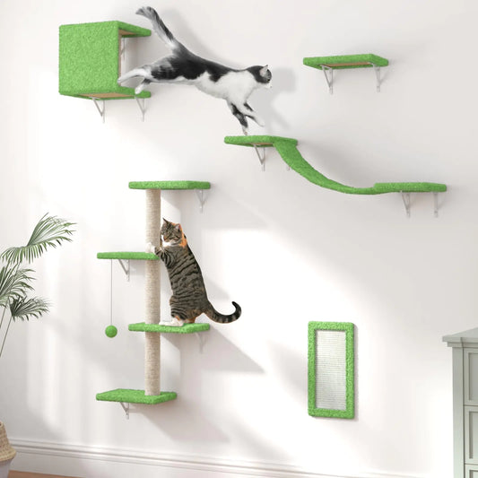 Modern Wall-Mounted Cat Furniture - 5pcs Cat Wall Shelves Stable Wooden Cat Climber with Cat House Bridge Tree Steps and Scratcher - Green